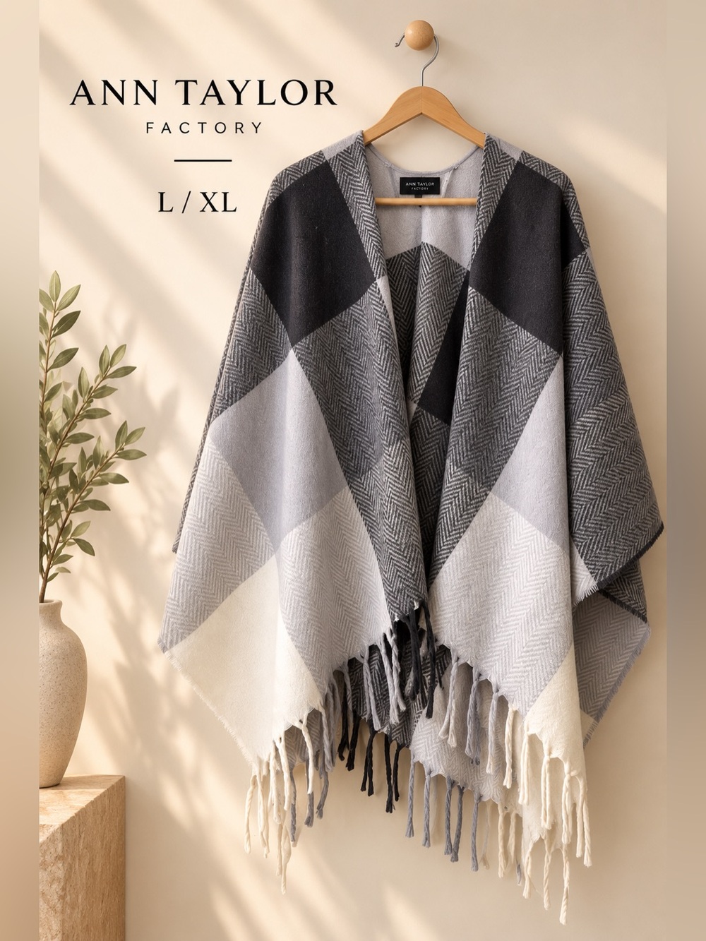 Ann Taylor Factory Plaid Herringbone Fringe Ruana Wrap L